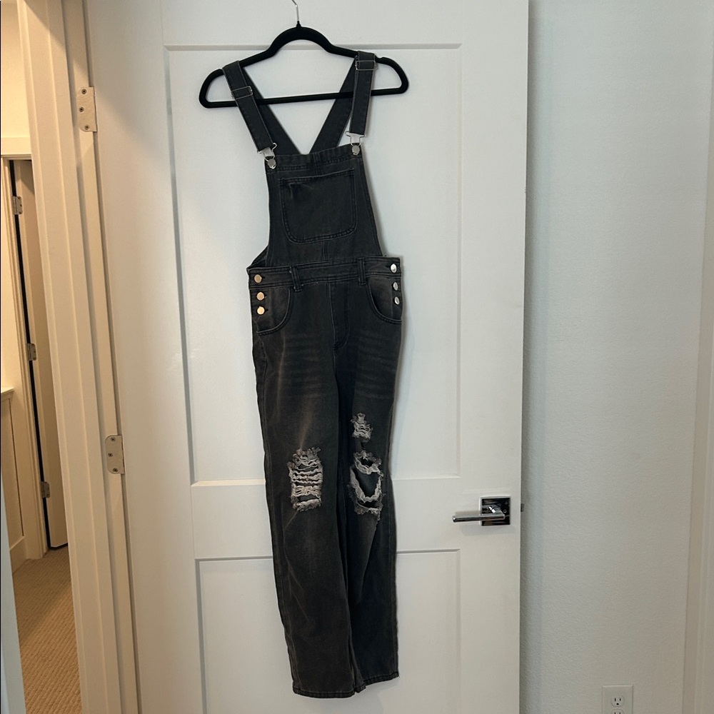 Black Distressed Denim Overalls